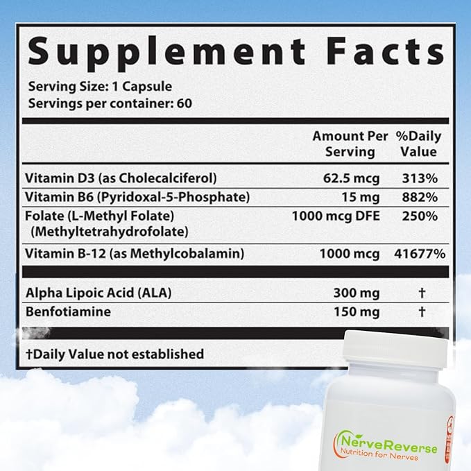 NerveReverse Neuropathy Support Formula-Alpha Lipoic Acid 600mgExtra Strength Benfotiamine B12 B9 B6 and D3 - Nerve Energy and Metabolism Support-Vegan-60 CapsulesOne Month