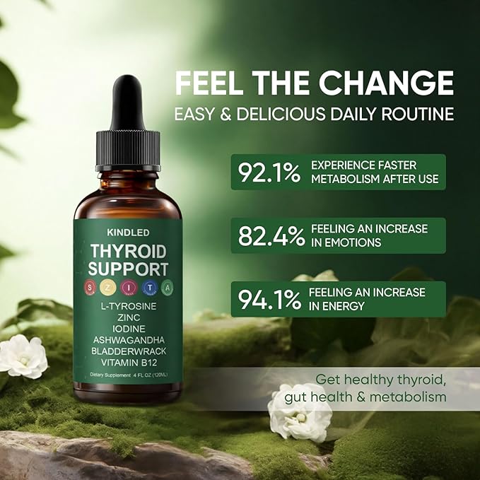 Kindled Thyroid Support Drops - Actora Liquid Drops Formula with Selenium Iodine Ashwagandha &amp Zinc for Energy &amp Metabolism Support Berry Flavor 4 fl oz