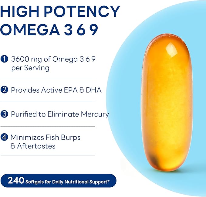 Vitamin World Triple Omega 3-6-9 3600mg with Fish Flaxseed &amp Borage Seed Oils Omega-3 Fatty Acids with EPA &amp DHA Supports Heart Brain &amp Immune Health Gluten Free 240 Softgels