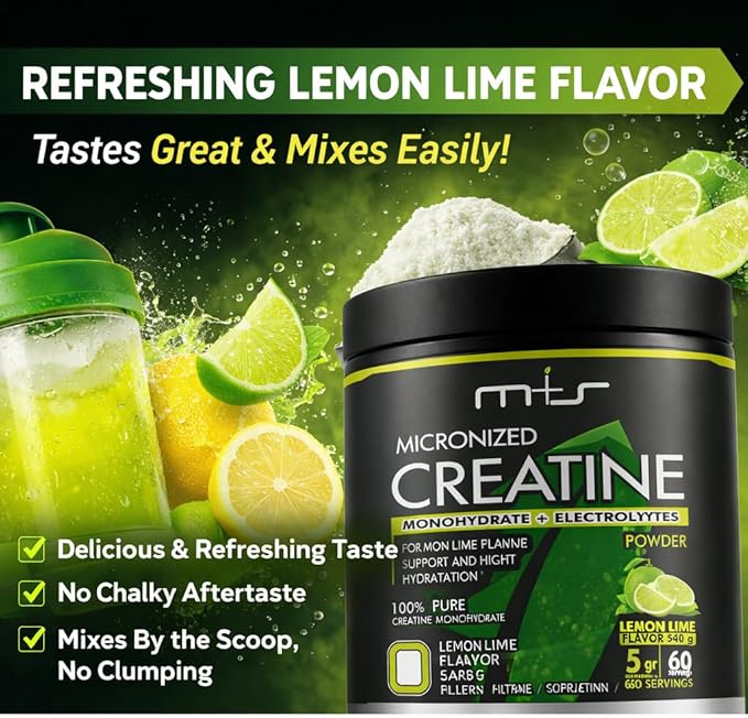 M+S Micronized Creatine Monohydrate Powder with Electrolytes – 5g Creatine per Serving Lemon Lime Flavor – Highly Soluble Creatine Powder for Hydration Support – Sugar Free 60 Servings