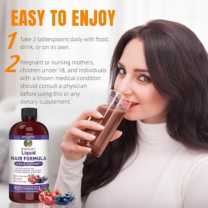Liquid Multivitamin for Hair Formula | Biotin 2500mcg | Healthy Hair Habits | Clinically Tested for Thicker Hair &amp Skin Elasticity for Women | Ages 18+ | 16 Fl Oz (Blueberry Pomegranate Flavor)
