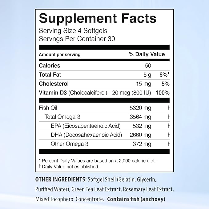 5X Ultimate Strength Omega 3 Fish Oil Supplements with High DHA and EPA Omega 3 Fatty Acids Fish Oil Supplement with Vitamin D and No Fishy Aftertaste 120 Softgels