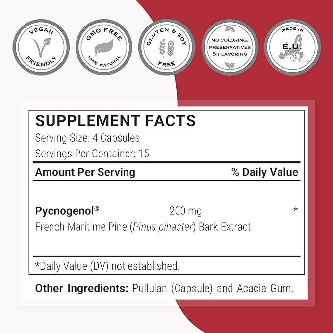 Supersmart - Pycnogenol 200mg per Day (Patented &amp Highly Bioavailable) - French Maritime Pine Bark Extract | Non-GMO &amp Gluten Free - 60 Vegetarian Capsules