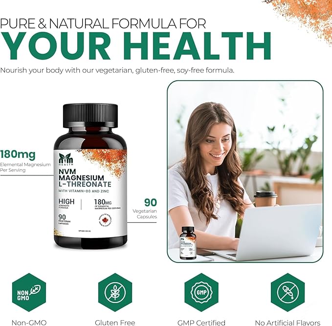 Magnesium l-threonate with Vitamin D3 and Zinc for Sleep Support Muscle Functions Electrolyte Balance and Immune Support I Gluten Free Non- GMO 90 Vegetarian Capsules