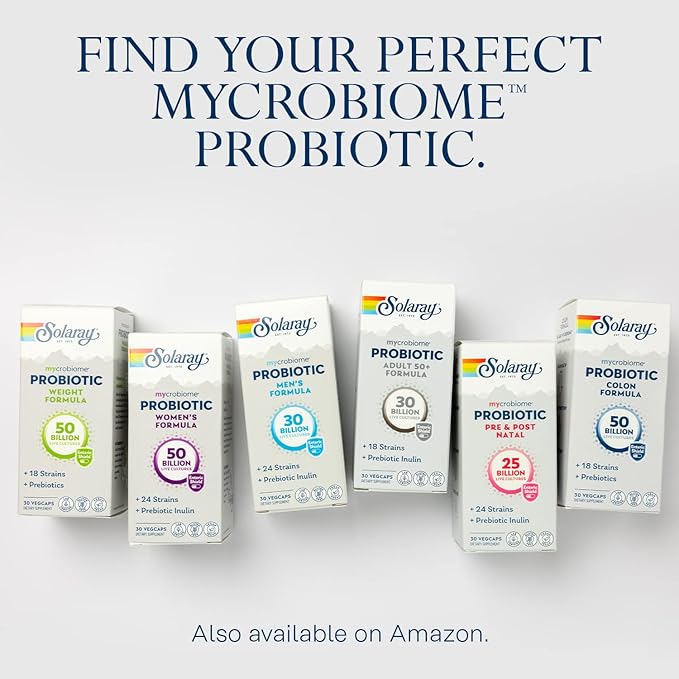 SOLARAY Mycrobiome Probiotic Colon Formula Vegan Digestive Function Colon Health and Immune System Support 50 Billion CFU 18 Strains Prebiotic Inulin 60-Day Guarantee 30 Servings 30 VegCaps