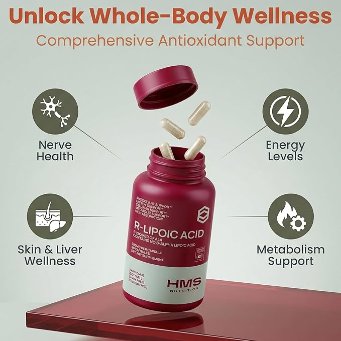 HMS Nutrition Stabilized R-Lipoic Acid 300 mg per Serving — Pure R Alpha Lipoic Acid (R-ALA) High Potency Active R Isomer Antioxidant Nerve &amp Metabolism Support — NSF Certified Non-GMO Vegan 60Cap