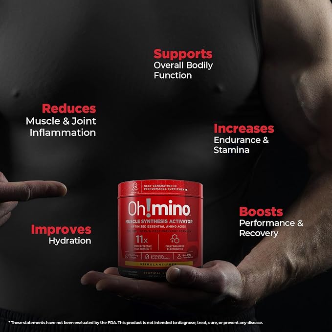 Oh!mino BCAAs + EAAs All 9 Essential Amino Acids for Muscle Growth &amp Recovery Tropical Flavor Stimulant-Free Sugar-Free Pre/Intra Post Workout Supplement Non-GMO