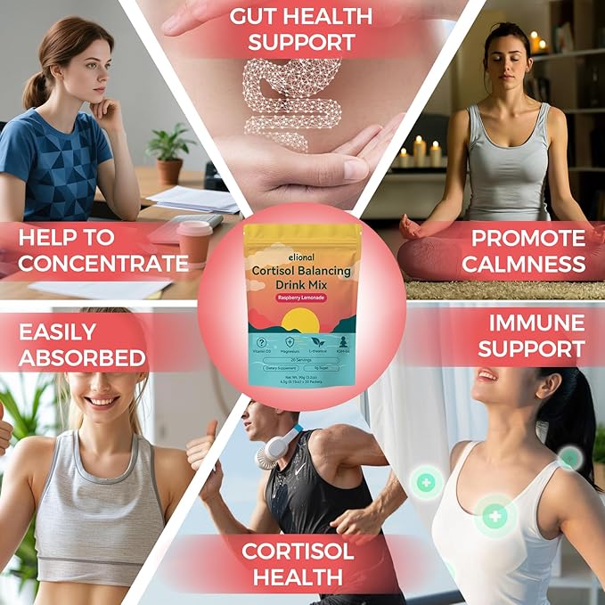 Cortisol Drink Mix with L Theanine Ashwagandha Magnesium &amp Vitamin D3– Helps Mental Clarity No Sugar Non GMO Raspberry Lemonade Flavor20 Packets
