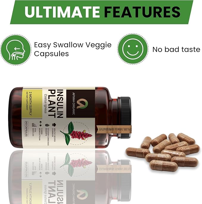 Premium Quality Costus Igneus (Insulin Plant) Capsules - Easy to Swallow 240 Veggie Capsules (2 Month Supply) - Made in the USA - Including Complete Health Support Program