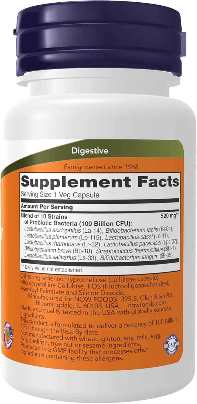 NOW Foods Supplements Probiotic-10™ 100 Billion with 10 Probiotic StrainsDairy Soy and Gluten Free Strain Verified 30 Veg Capsules
