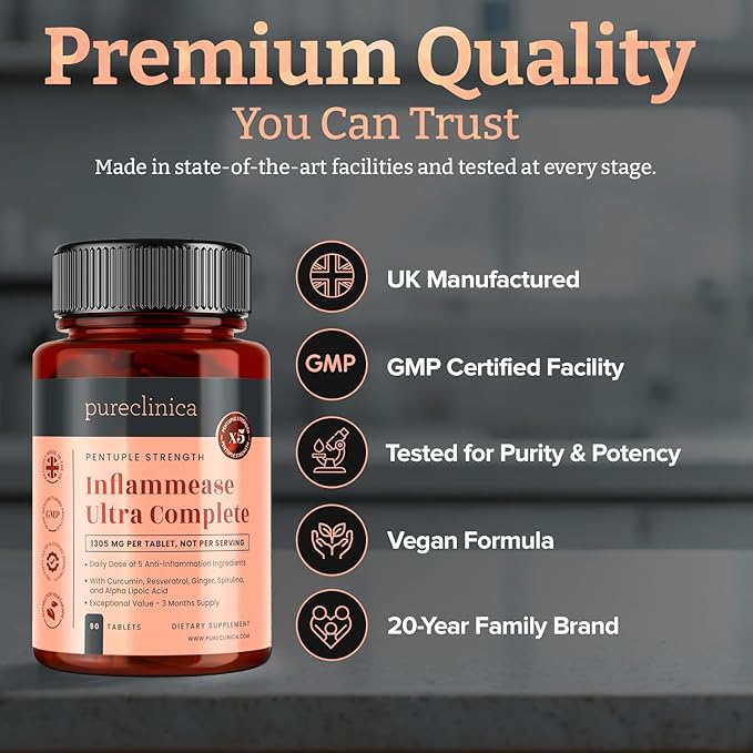 pureclinica INFLAMMEASE Ultra Complete 1305mg x 90 Tablets (Ginger Curcumin Spirulina ALA Resveratrol- 5 Supplements in 1) - 3 Months Supply