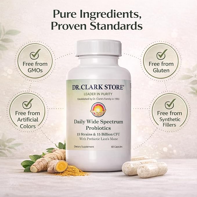 Dr Clark Store Daily Probiotics Deliver 15 Billion CFU 60 Capsules 30 Day Supply to Quickly Support Your Digestive System Balance Maximize Nutrient Absorption and Optimize Daily Gut Comfort