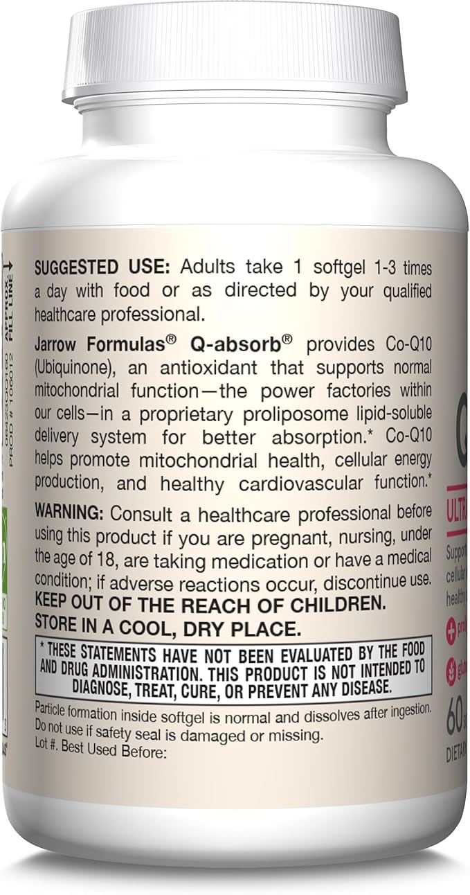 Jarrow Formulas Q-absorb Co-Q10 100 mg - 60 Softgels - Dietary Supplement - Antioxidant Support for Mitochondrial Energy Production &amp Cardiovascular Health - Up to 60 Servings