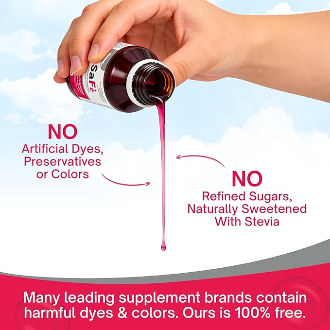 Safe+ Liquid Iron Supplement for Kids &amp Infants 10 mg/mL Carbonyl Iron Liquid Gentle on Stomach No Artificial Sweeteners or Dyes Great-Tasting Cherry Flavor 4 oz