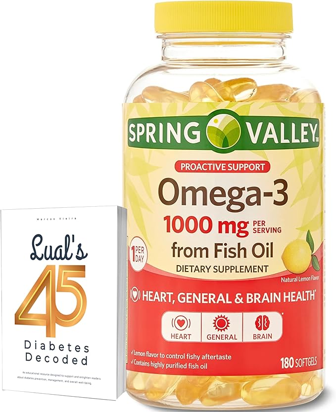 Spring Valley Omega-3 Fish Oil Soft Gels 1000 mg 180 Count Dietary Supplement Omega-3 Fatty Acids Bundle with Lual's 45 Diabetes Decoded