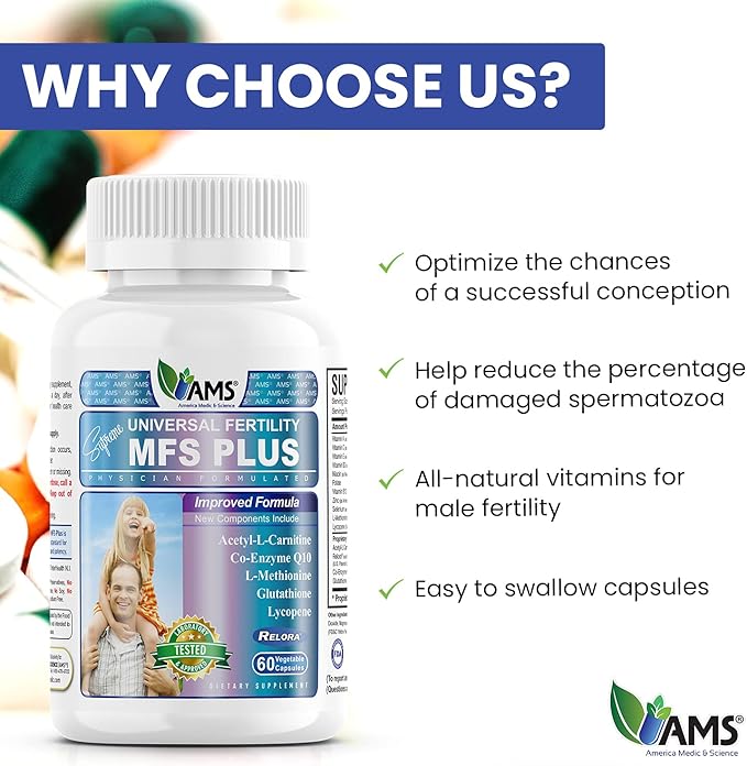 America Medic &amp Science MFS Plus Fertility Supplements for Men (60 Capsules) Sperm Count Booster Supports Motility | Natural Preconception Vitamins Reproductive Aid with Zinc CoQ10