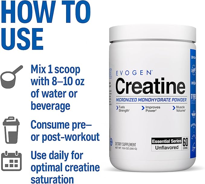 Evogen Creatine Monohydrate Powder - Micronized Creatine for Women &amp Men | Pure Creatine Powder Supplement for Strength Power &amp Recovery | Unflavored | 60 Servings