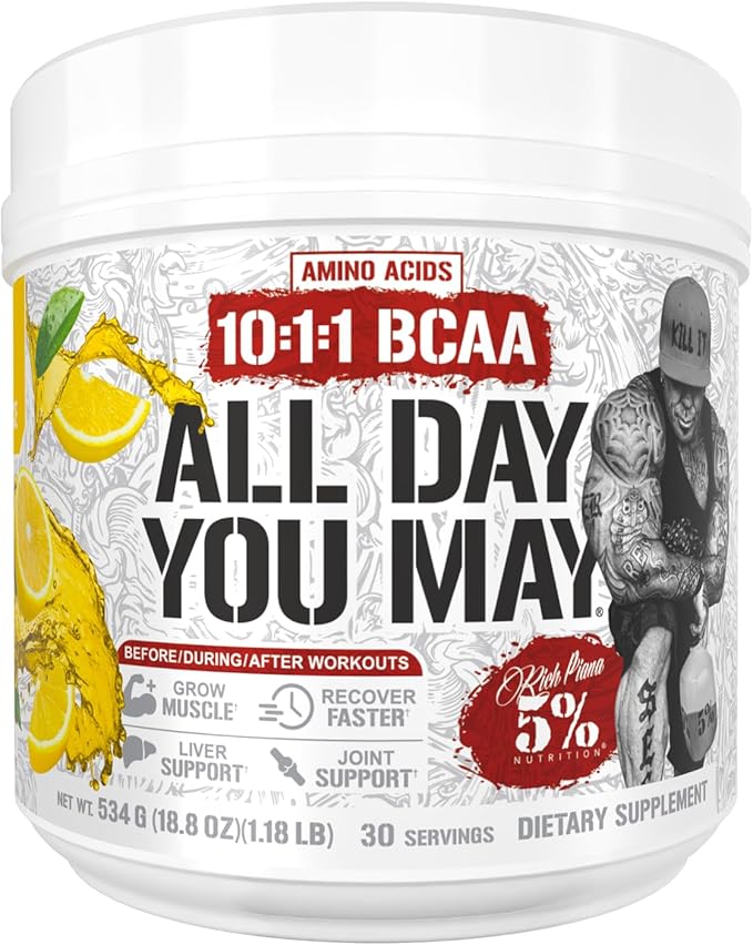 5% Nutrition Rich Piana AllDayYouMay BCAA Powder | Premium Intra &amp Post Workout Amino Acids Hydration Endurance Muscle Recovery Joint &amp Liver Support | 18.8 oz 30 Servings (Italian Lemon