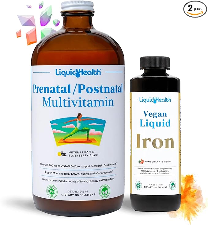 LIQUIDHEALTH Prenatal Baby Booster Pregnancy Vitamin Bundle - Vegan Women's Prenatal/Postnatal Multivitamin with SunActive &amp Ferrochel Iron Folate Whole Foods - Made in the USA 100% Vegan (Bund