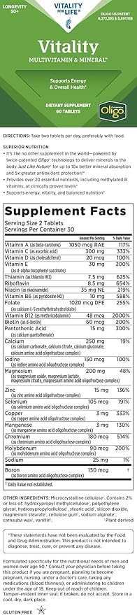 Melaleuca Multivitamin &amp Mineral Longevity Supplement for Men &amp Women 50+ Powered by Oligo (60 Tablets) — Supports Energy &amp Overall Health / Organically Bound for Maximum Absorption and A
