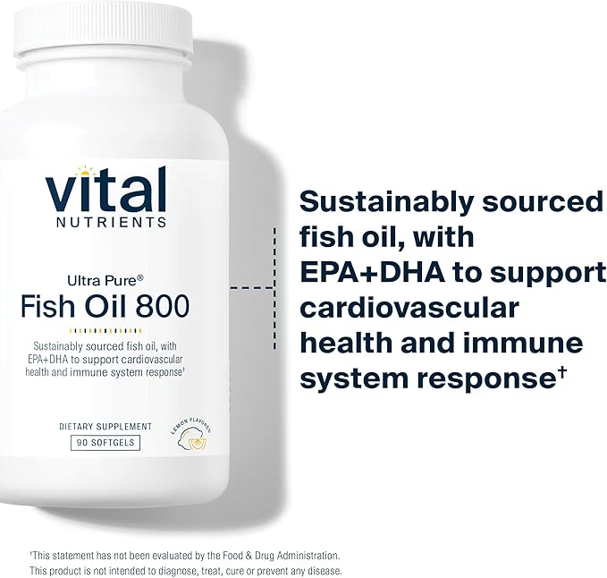 Vital Nutrients Ultra Pure® Fish Oil 800 - Supports Heart Brain &amp Immune Health* - Sustainably Sourced High EPA &amp DHA Omega-3 Fatty Acid - Lemon Flavor - Gluten Dairy Soy Free - 90 Softgel
