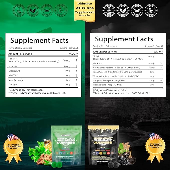 Holistic Hercules Sea Moss &amp Pure Himalayan Shilajit Gummies Gold | 100% Natural Organic Vegan | No Added Sugar | Ashwagandha Tongkat Ali Ginseng Spirulina Moringa Manuka Honey | 60 Gummies 2 Pack