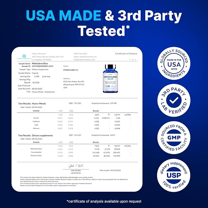 Ultimate Methylene Blue Capsules 20mg - Memory Supplement for Brain Focus Fuel | Blue Methylene Pharmaceutical Grade - Energy and Focus Supplement | Energy Pills | 240 Servings