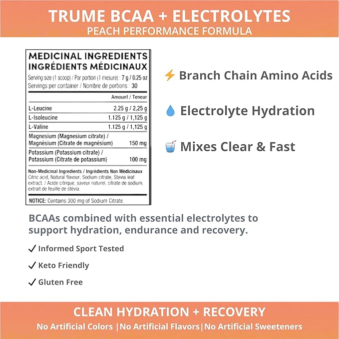 TruMe Informed Sport Certified BCAA EAA - Peach Banned Substance Tested Amino Acids | Electrolyte Hydration Recovery | 30 Servings