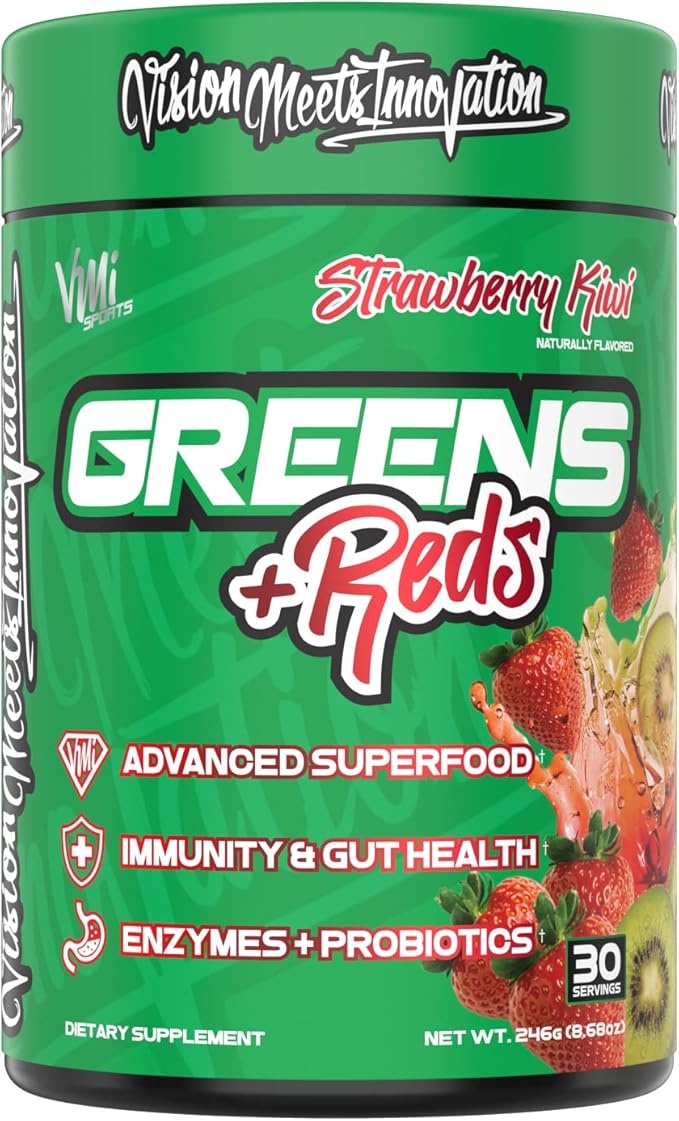 VMI Sports Greens + Reds Advanced Superfood Immunity and Gut Health | Enzymes &amp Probiotics | 30 Servings (Strawberry Kiwi)
