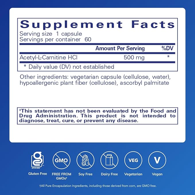 Pure Encapsulations Acetyl-L-Carnitine 500 mg - Memory &amp Brain Supplement - Brain Support &amp Focus* - Gluten Free &amp Non-GMO - 60 Capsules