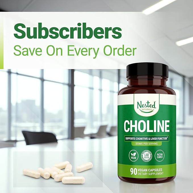 Nested Naturals Choline Bitartrate 500mg - High Potency Choline Supplements - Supports Maternal &amp Fetal Health During Pregnancy* - 100% Vegan &amp Non-GMO - 2-Pack (180 Vegan Capsules)
