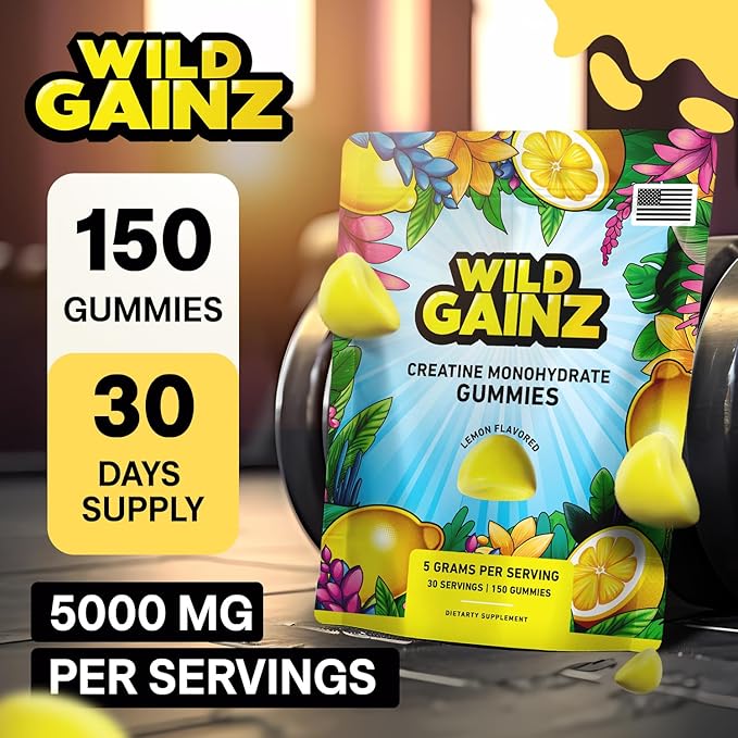 Creatine Monohydrate Gummies 5g - Made in USA - Pre Workout Creatine Chews for Women &amp Men Vegan Creatine Gummy Candy Chewable Nutritional Supplements NSF Certified (Lemon 150 Count)