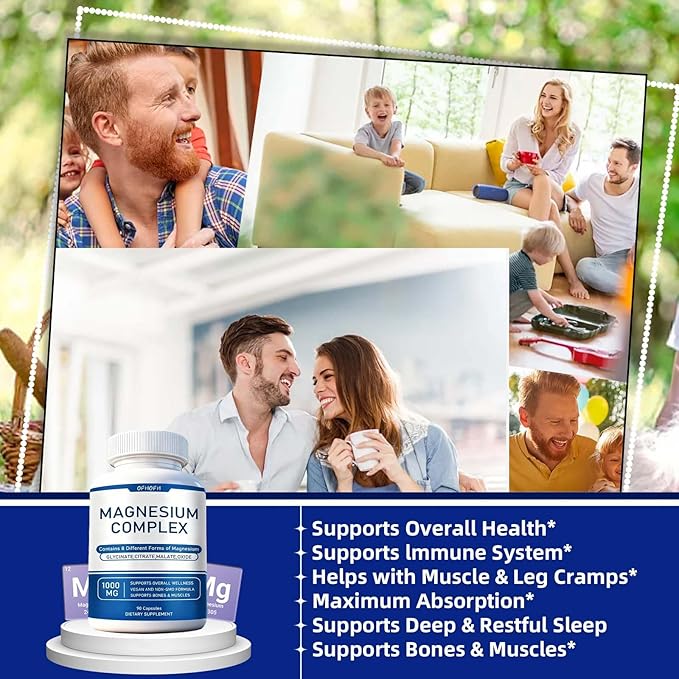 Magnesium Complex Supplement 8 Elemental 1000mg - Magnesium Glycinate Citrate Malate Oxide | Easy Absorption for Bones Muscle Energy Vegan Non-GMO 90 Capsules (1pc)