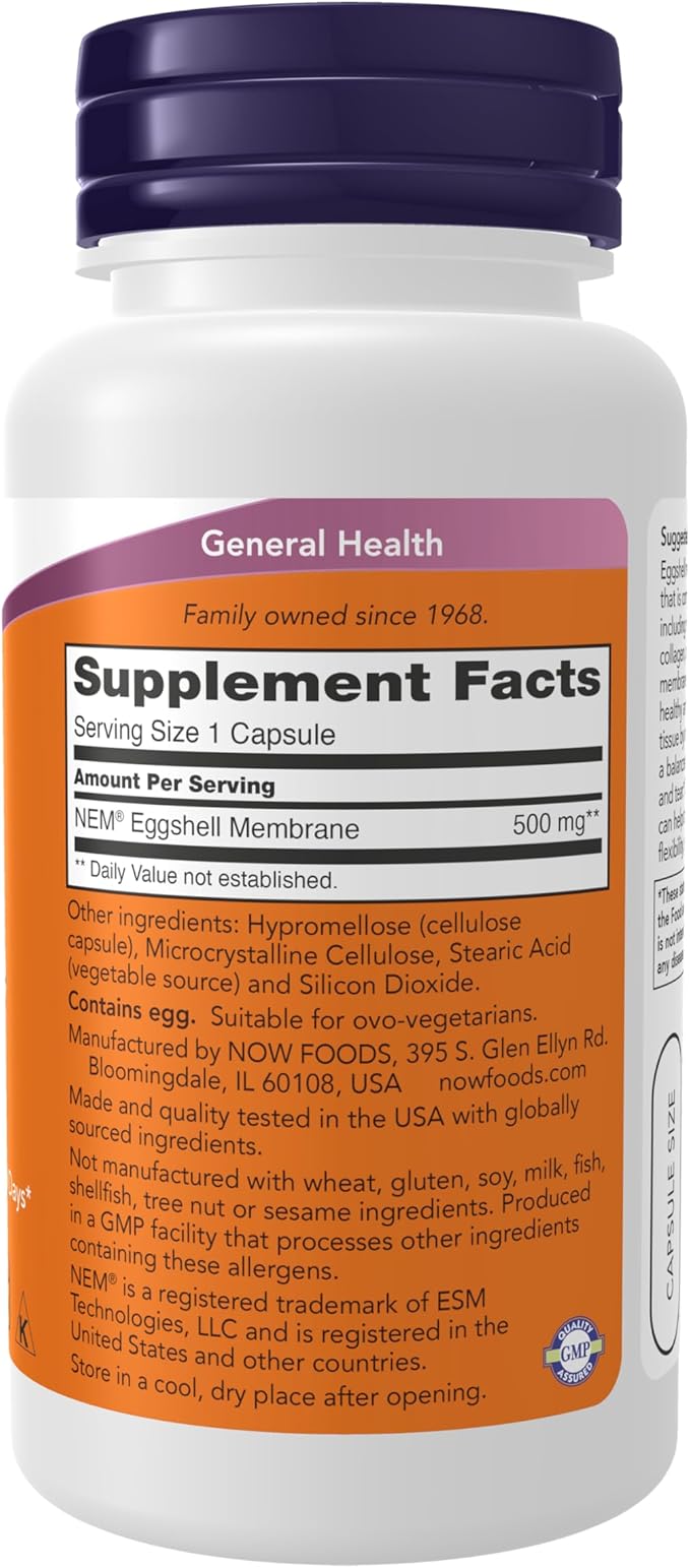 NOW Foods Supplements Eggshell Membrane (A Unique Biological Matrix Composed of Major Joint Constituents) 500 mg 60 Veg Capsules