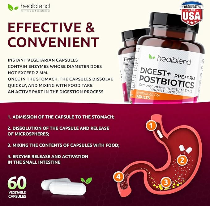 Digest + Postbiotics Supplement for Women and Men Multi Enzymes Organic Prebiotic &amp Probiotic for Digestive Health with Bromeline Papin and Lipase Non-GMO Gluten-Free 60 Vegetarian Caps (2)
