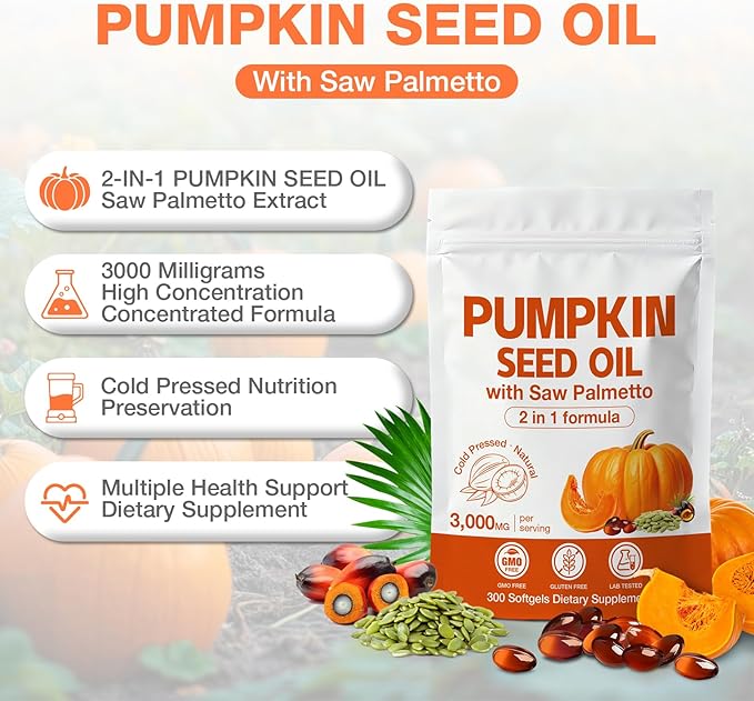 3000mg Max Strength Pumpkin Seed Oil + Saw Palmetto Capsules (300 Softgels) - Cold-Pressed Blend Supports Hair Growth Prostate Health &amp Urinary Tract Bladder Support Immune Boost Non-GMO