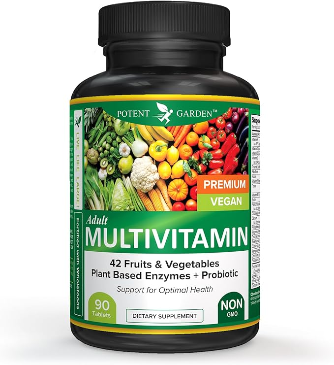 Potent Garden Multivitamin for Men &amp Women – 42 Fruits &amp Vegetables Probiotics &amp Enzymes Daily Whole Food Supplement for Energy Immune Support &amp Digestion Non-GMO 90 Tablets