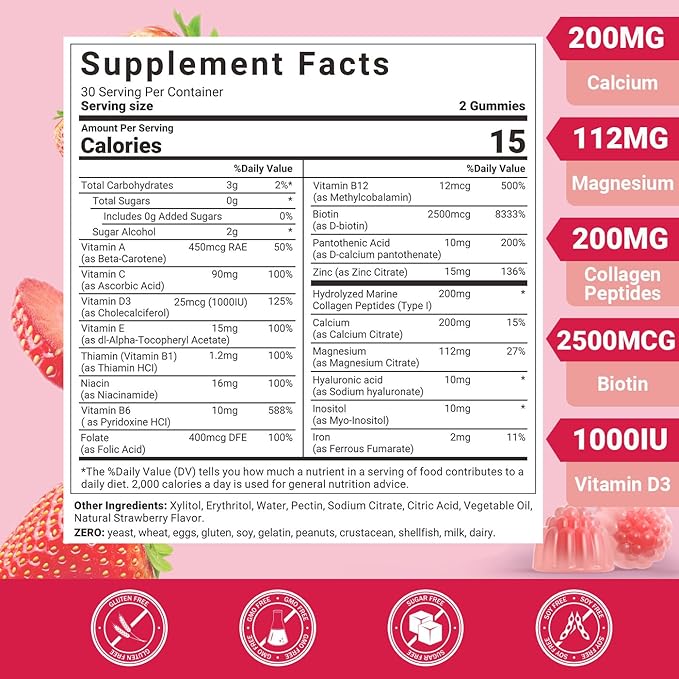 Womens Multivitamin Gummies with Biotin Collagen Calcium Magnesium Inositol Folate Iron Vitamin A C D E - Multi Vitamins &amp Minerals - Multivitamin for Women Supplement
