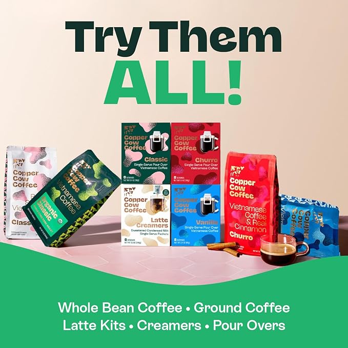 Copper Cow Coffee Pour Over Vietnamese Coffee Pouches + Sweetened Condensed Milk Creamers (8 Coffees &amp 8 Milk Creamers) | Churro Lattes No Refrigeration Needed Travel Friendly Ground Coffee