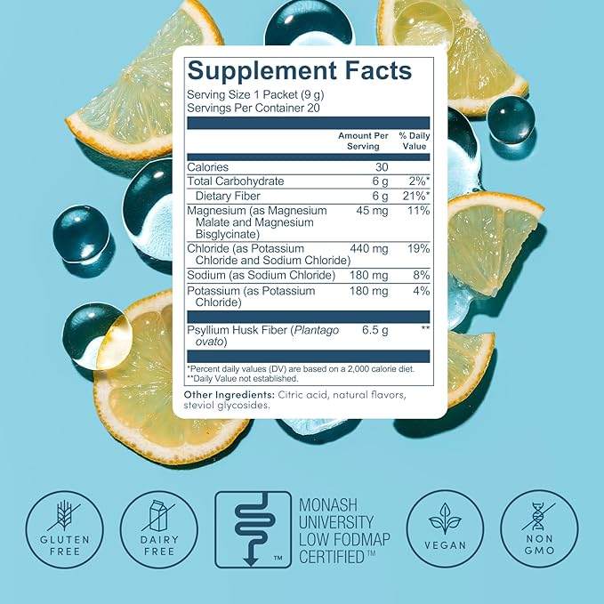 Psyllium Husk Fiber Lemonade 20 Count Travel Packs (6g Per Packet) - Psyllium Husk Powder for Digestive Health &amp Bloating Relief Gluten Free Sugar Free Prebiotic Fiber Powder Non-GMO Supplement