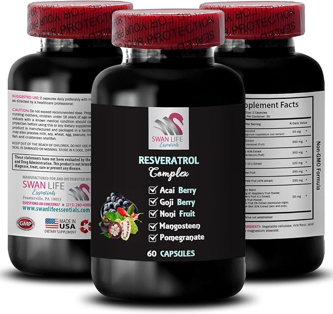 Berry Power - RESVERATROL COMLEX - Daily Energy Goji Berry Power Pomegranate Strength Acai Berry Boost Elderberry Boost Nutritional Support Hydration Factor Grape Skin Power 3 Bot 180 Caps