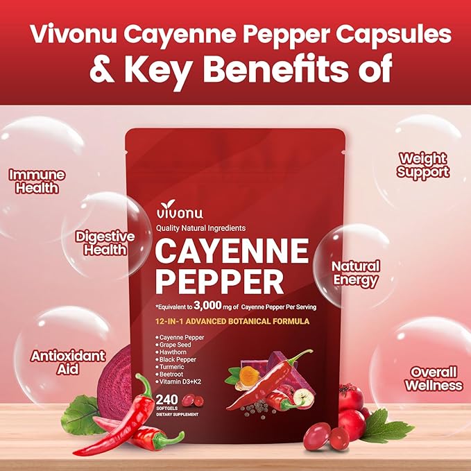 Cayenne Pepper Softgels Supplement with Vitamin E D3+K2 and Extracts of Turmeric Grape Seed Hawthorn Beetroot Berberine and Others Supports Leg Vein Heart and Blood Vessel Health (3 Pack)