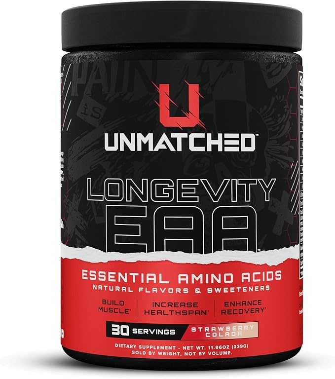 Unmatched Longevity EAA Essential Amino Acids | Muscle Build &amp Recovery | Performance &amp Health-Span Benefits | Natural Flavors &amp Sweeteners | 30 Servings (Strawberry Colada)