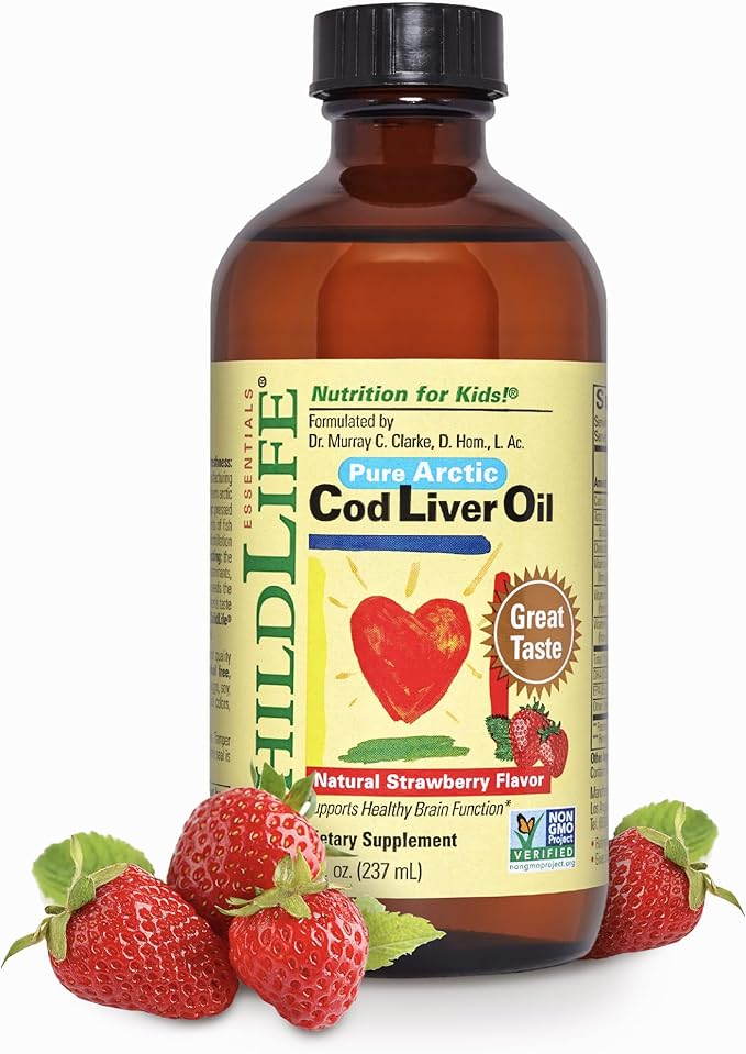 CHILDLIFE Essentials Cod Liver Oil for Kids - Liquid Arctic Cod Liver Oil for Babies 6+ Months Toddlers &amp Kids Added DHA EPA Omega-3 Fatty Acids - Strawberry 8 fl oz