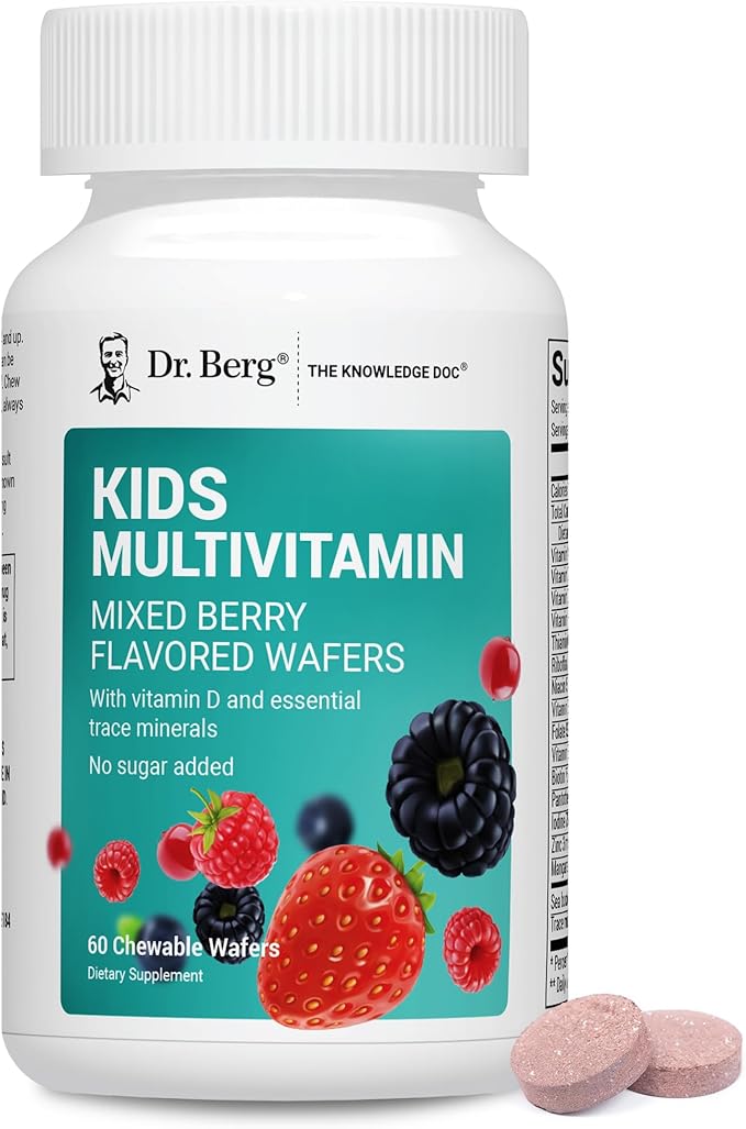 Dr. Berg Kids Chewable Multivitamins (NOT Sweetened w/Sugar) - Daily Multivitamin for Kids that Includes 20 Nutrients &amp Trace Mineral Complex - Mixed Berry Chewable Vitamins for Kid - Red Wafers