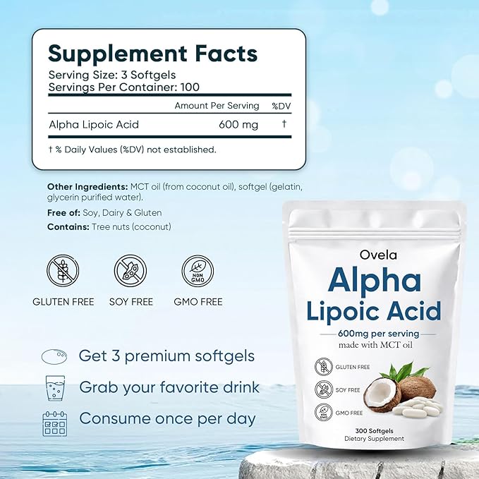 Aacnre Ovela Alpha Lipoic Acid 600mg with MCT Oil Antioxidant Support for Nerve Energy &amp Cellular Health Non-GMO Vegan Gluten Free 300 Softgels
