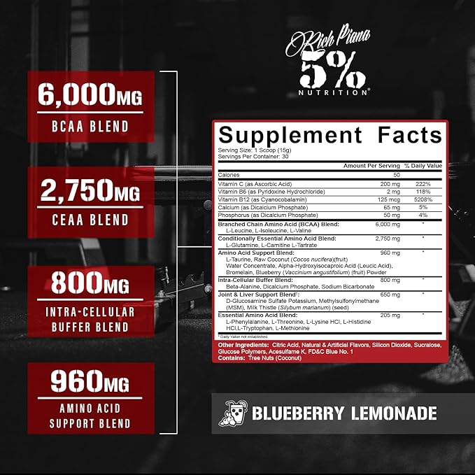 5% Nutrition Rich Piana AllDayYouMay BCAA Powder Premium Intra &amp Post Workout Amino Acids Hydration Endurance Muscle Recovery Joint &amp Liver | 17.5 oz 30 Servings (Blueberry Lemonade)