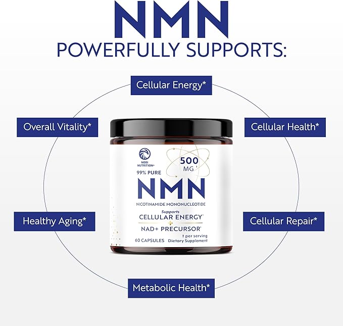 NMN Supplement 500mg | 99% Pure | NAD+ Precursor for Cellular Energy Longevity Repair and Healthy Aging Support | Third-Party Tested &amp Non-GMO | Nicotinamide Mononucleotide | 60 NMN Capsules