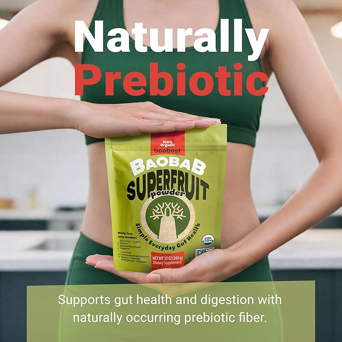Baobest Organic Baobab Fruit Powder Raw Superfood with Vitamin C and Prebiotic Fiber for Immune Support and Gut Health Gluten-Free GLP-1 Support - 12 Ounce Bag