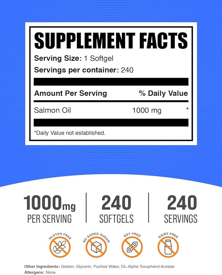 BulkSupplements.com Salmon Oil Softgels - Omega 3 Supplement Wild Alaskan Salmon Oil Supplements - 1000mg Gluten Free 1 Softgel per Serving 240 Count (Pack of 1)